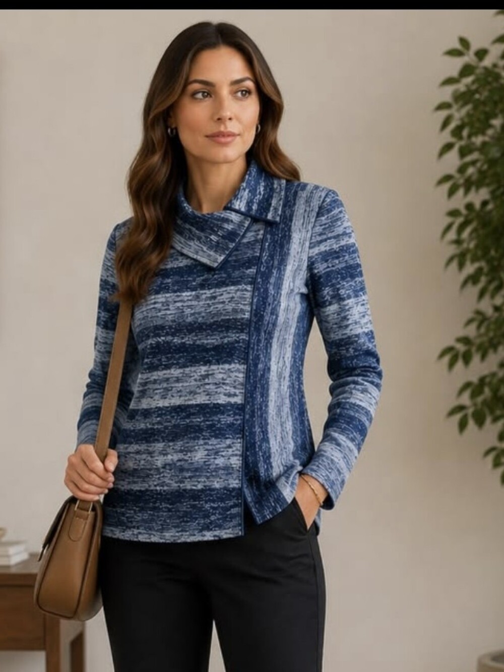 cleo Blue Striped Cowl-Neck Sweater